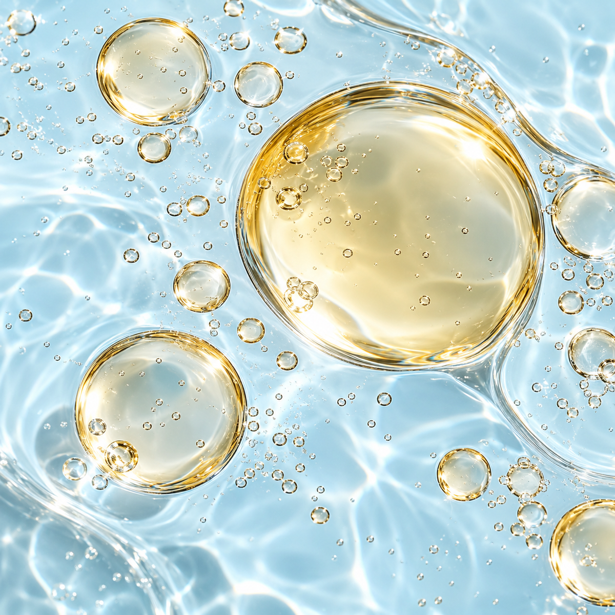 Golden oil and water viewed up close