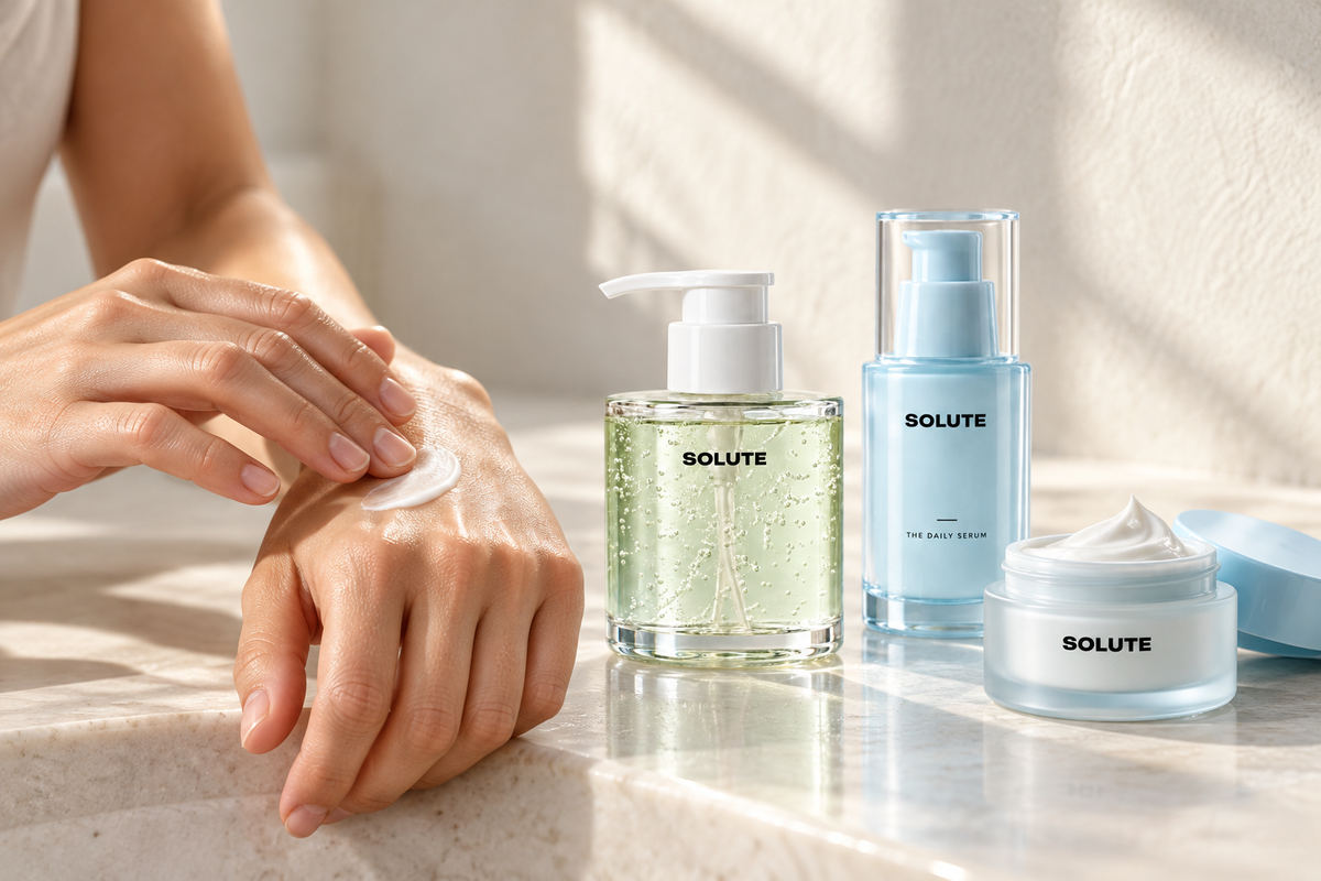 Hands applying cream beside a small collection of skincare